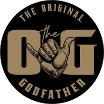 Black circle with "The Original Godfather" text, "OG" letters, and a hand making a gesture.