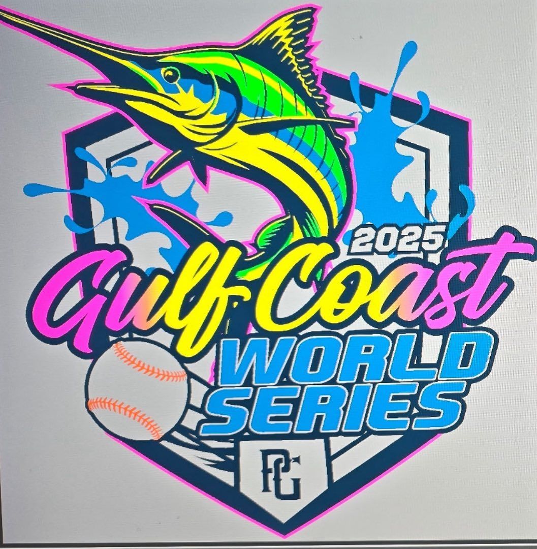 Logo for the 2025 Gulf Coast World Series. Featuring a marlin, baseball, and water splashes.