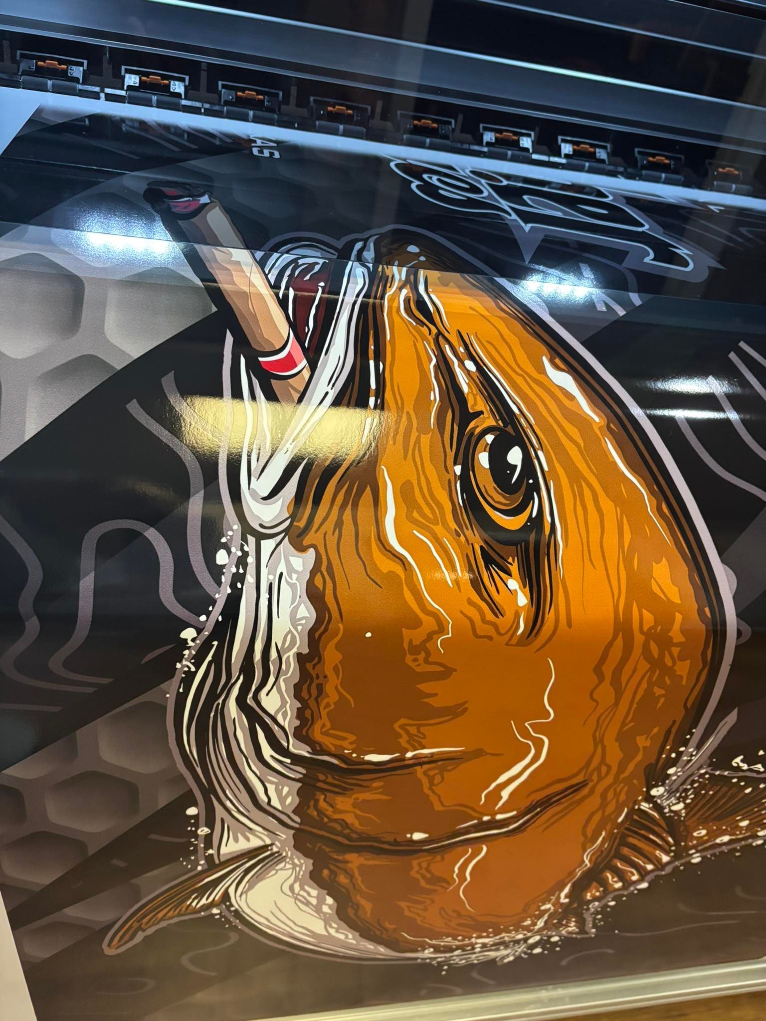 Orange fish smoking a cigar, with a water splash and honeycomb background.