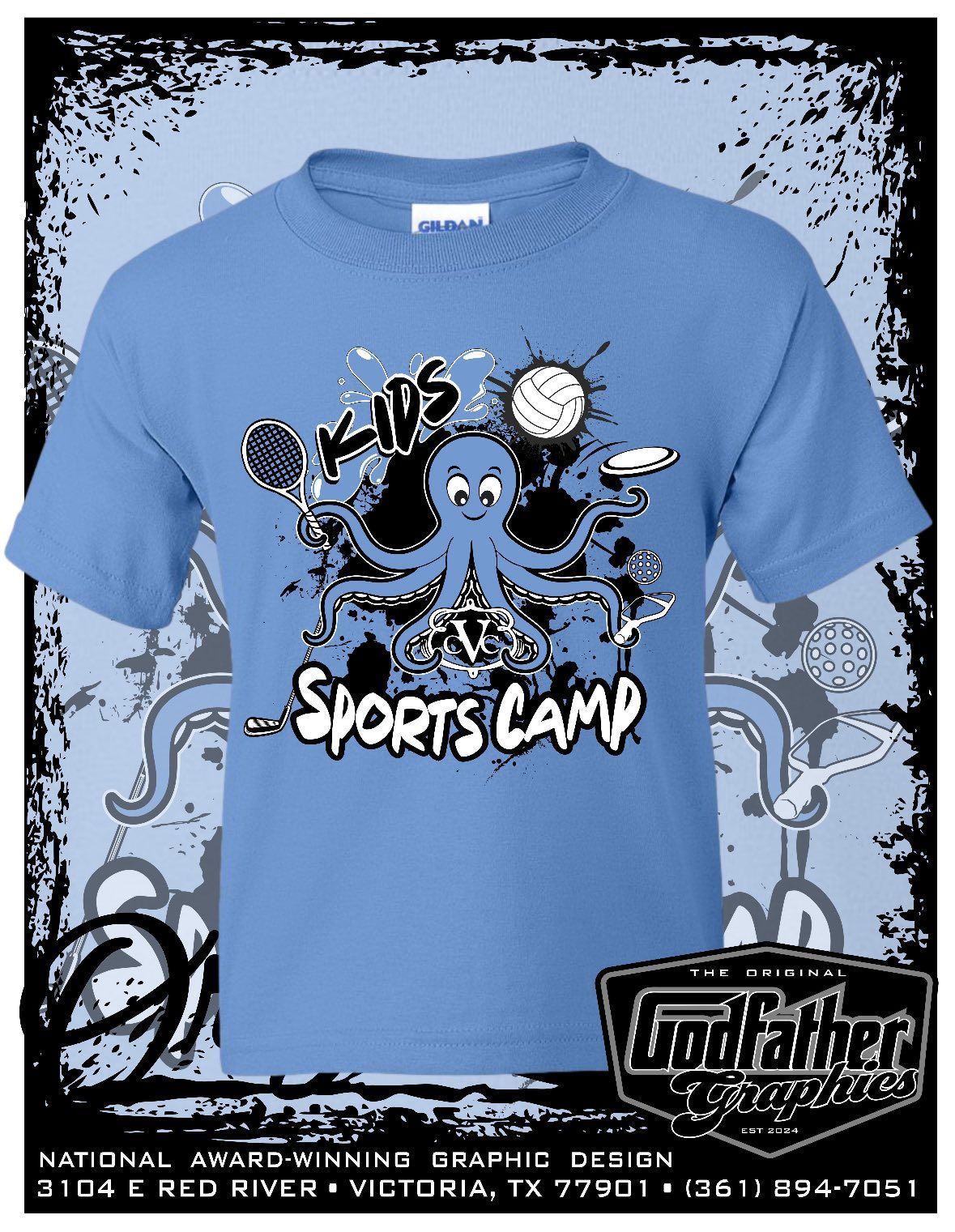 Blue Kids Sports Camp t-shirt with octopus graphic holding sports equipment. 
