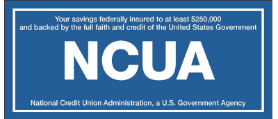 NCUA logo with text: savings federally insured up to $250,000, backed by U.S. Government.