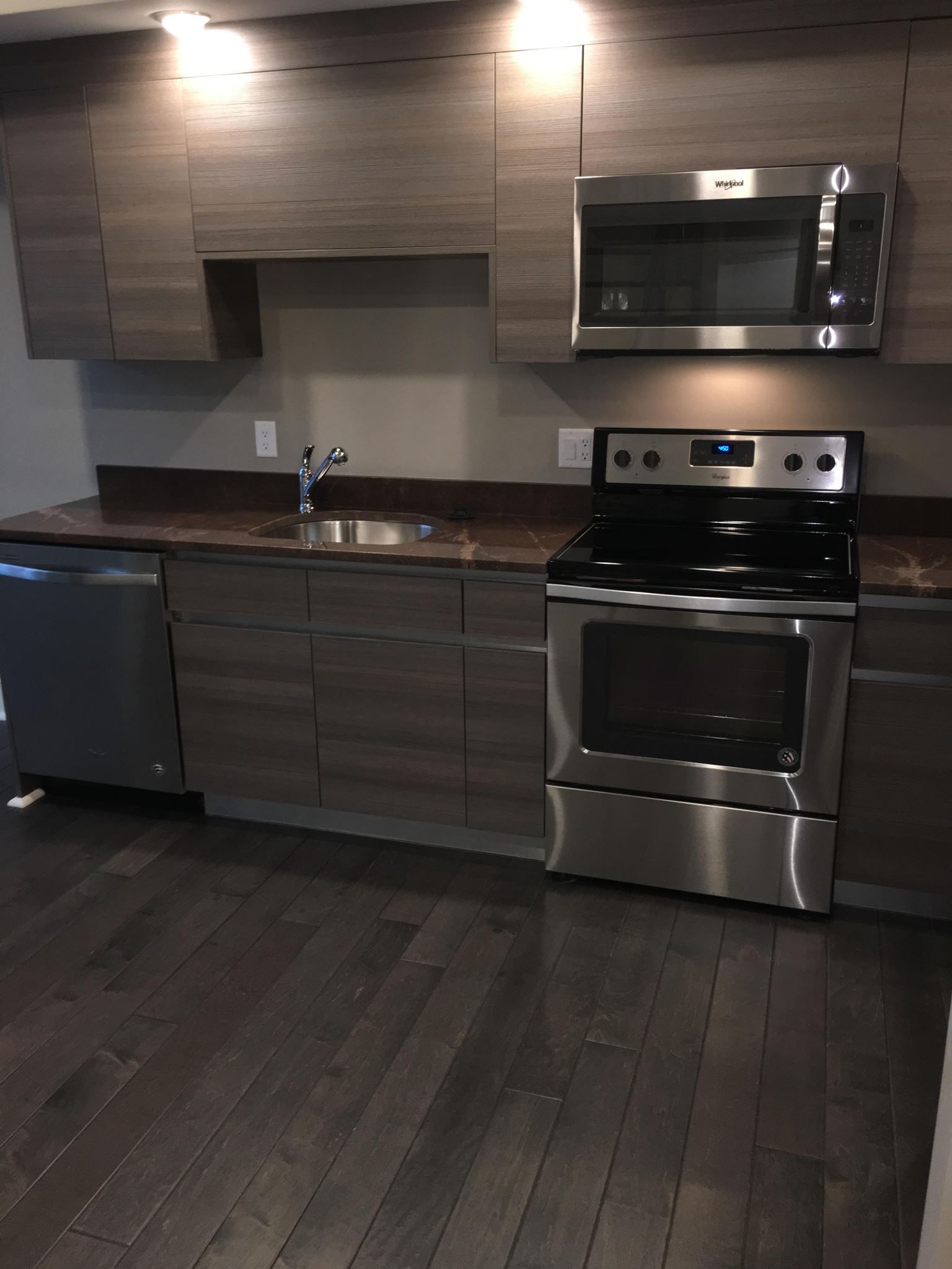 Modern kitchen with dark wood cabinets, stainless steel appliances, and dark wood flooring.
