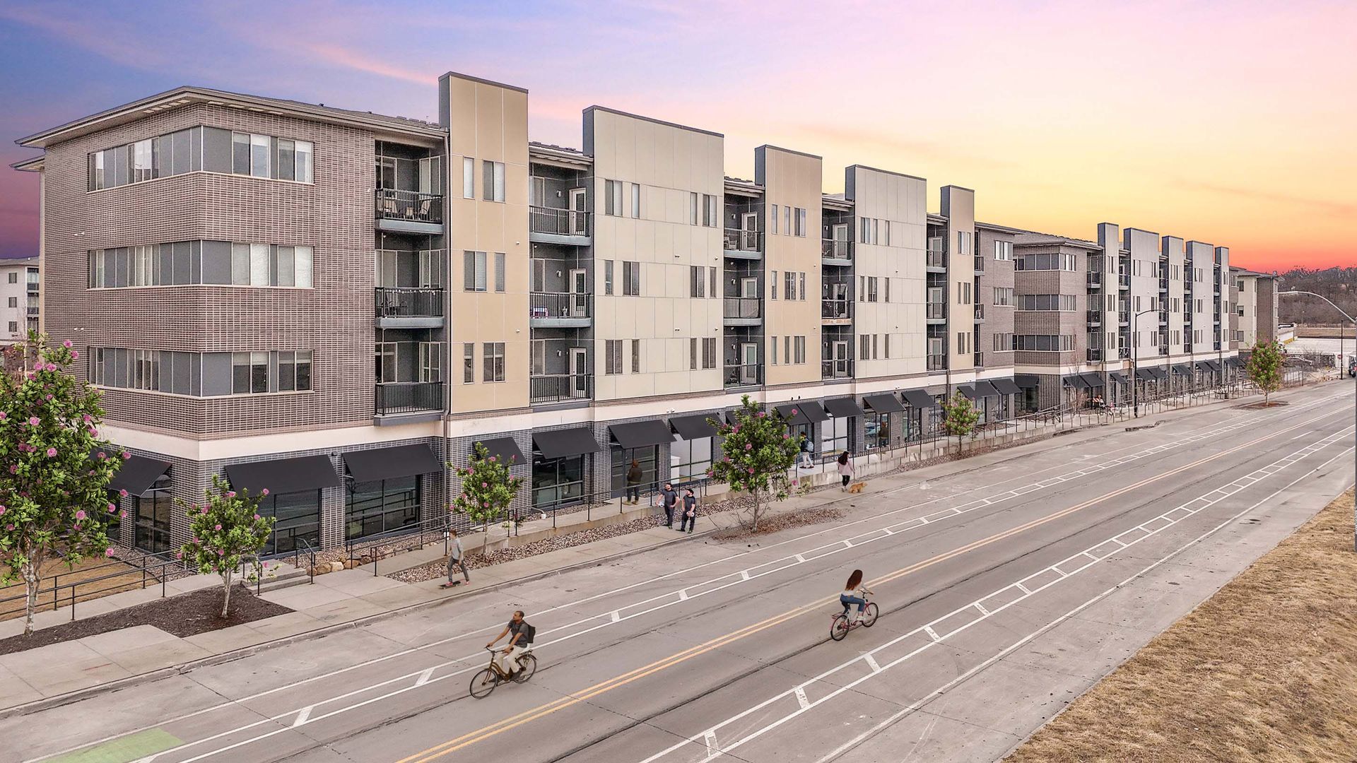 Sunset at the new walk-up homes for rent at Cityville on 9th