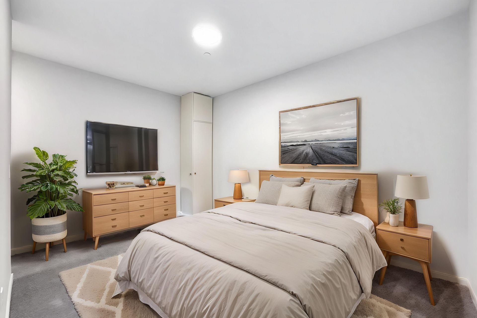 Modern neutral toned bedroom and bedroom sheets in Cityville's new walk up homes in downtown Des Moines