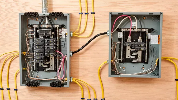 Two electrical panels on wood, yellow and black wires connected.