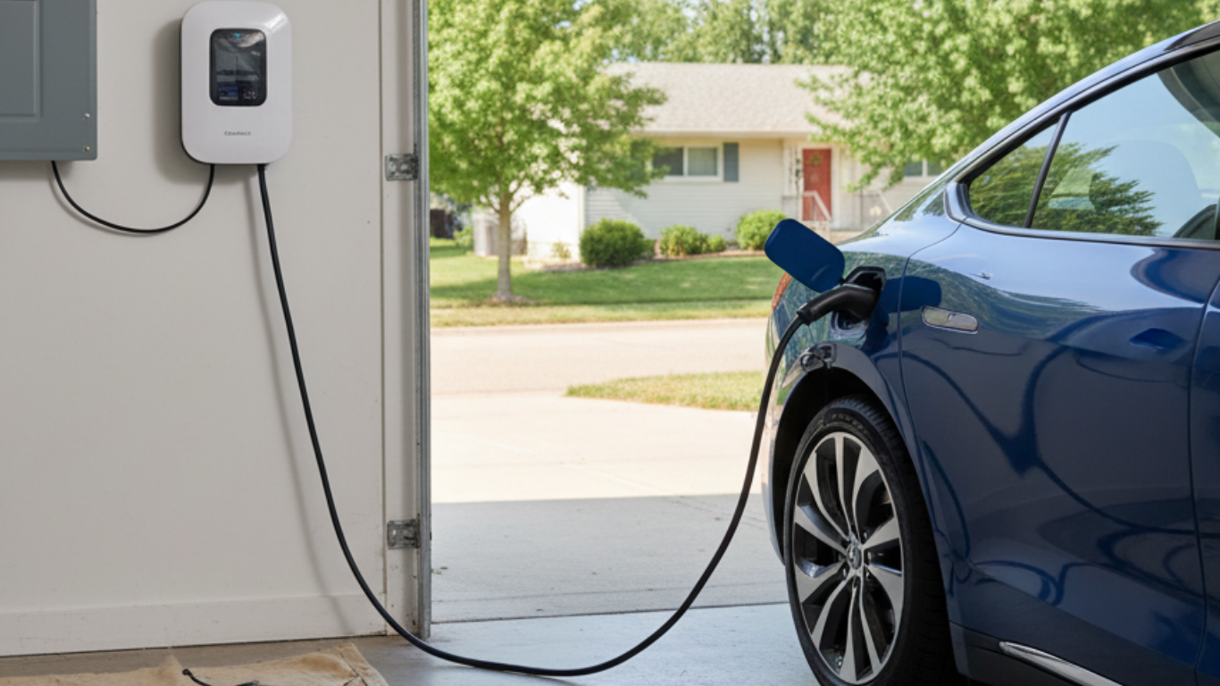 An electric vehicle charging in a garage. Blue car connected to a wall-mounted charger; a residential setting.
