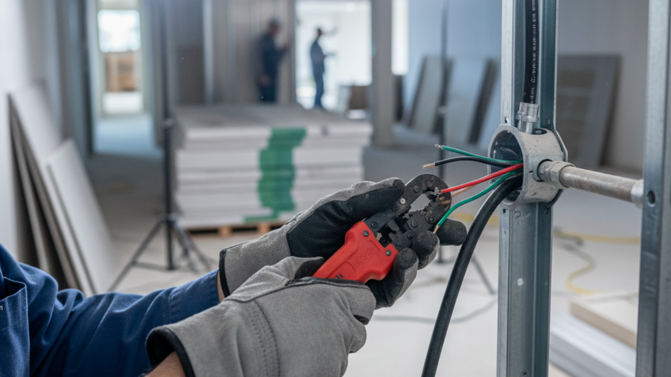 Electrician cutting wires in an electrical box during construction.
