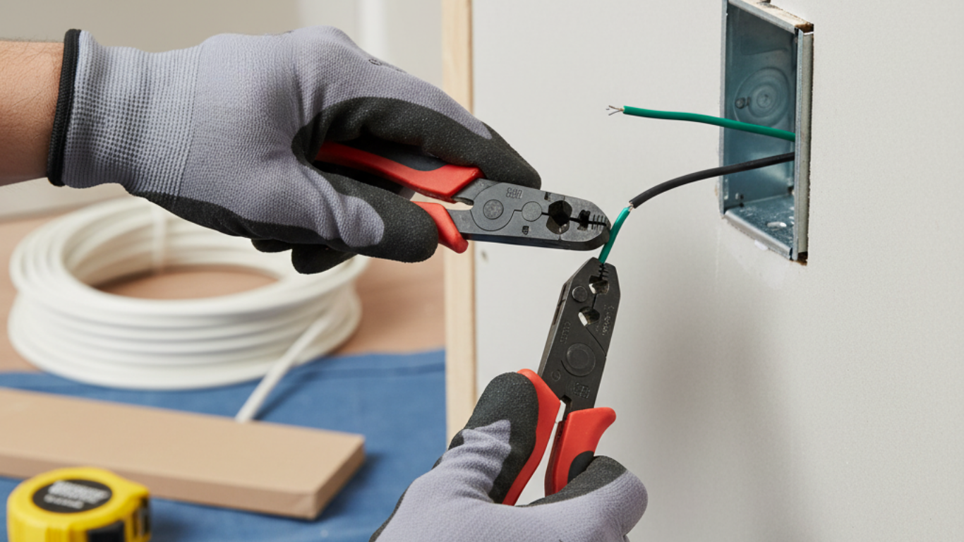 Person wearing gloves crimps wires with pliers near an electrical box.