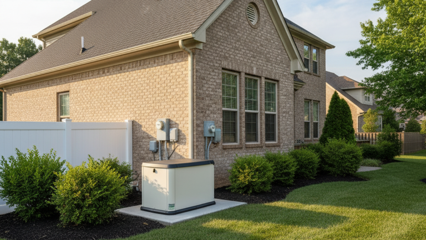 A beige home backup generator installed outside a brick house.