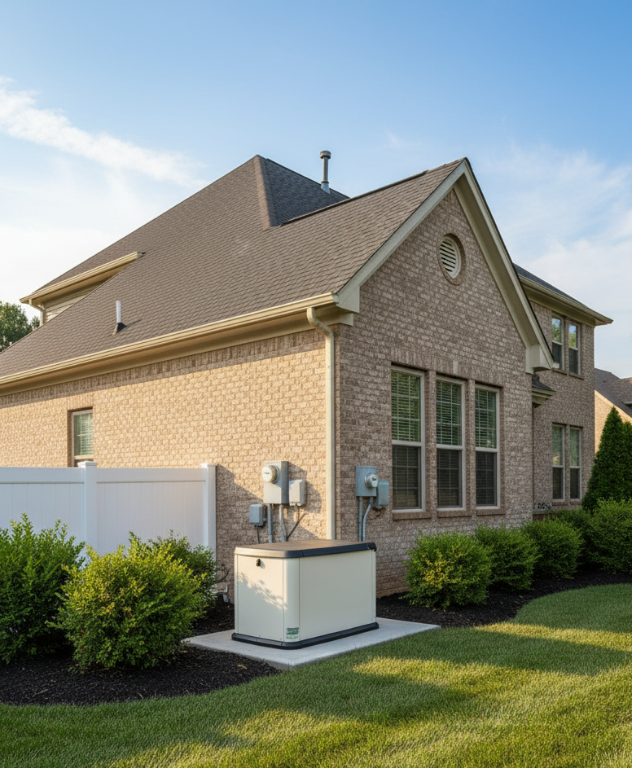 A generator sits next to a brick house with a dark roof on a sunny day.