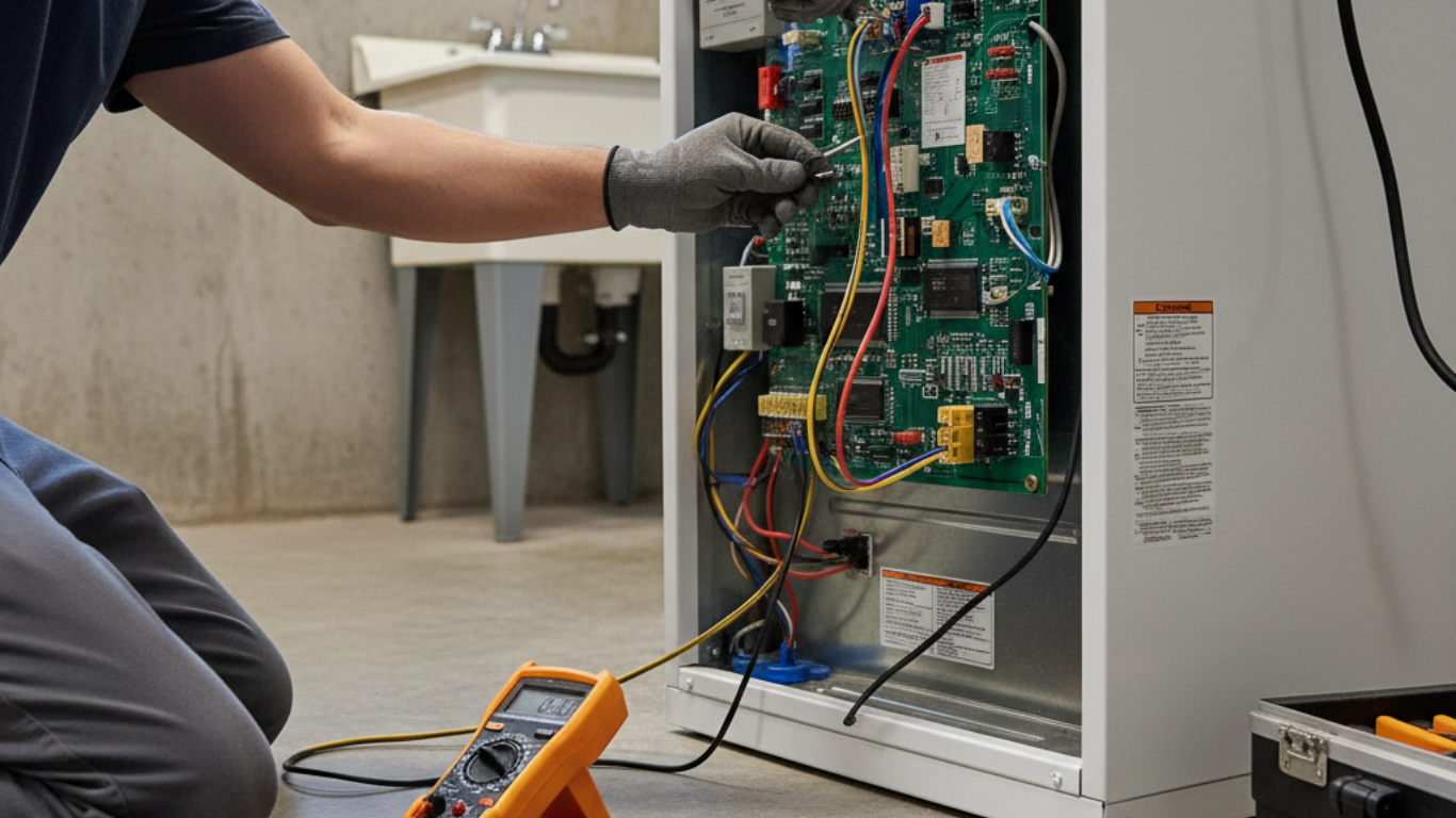 Person kneels, inspecting circuit board inside white appliance with a multimeter in a utility room.
