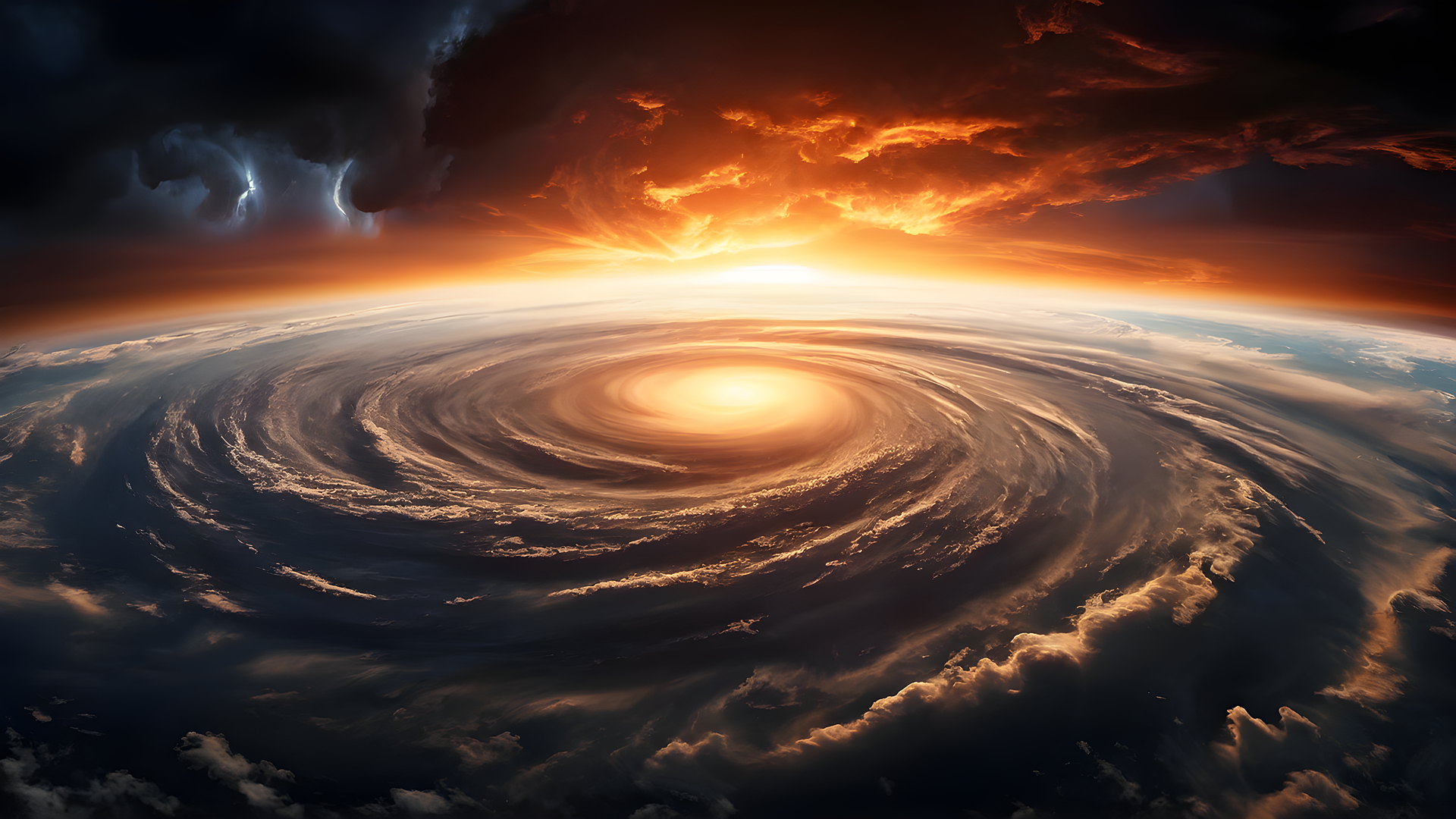 Swirling storm over Earth, orange sunrise, dark clouds, lightning.