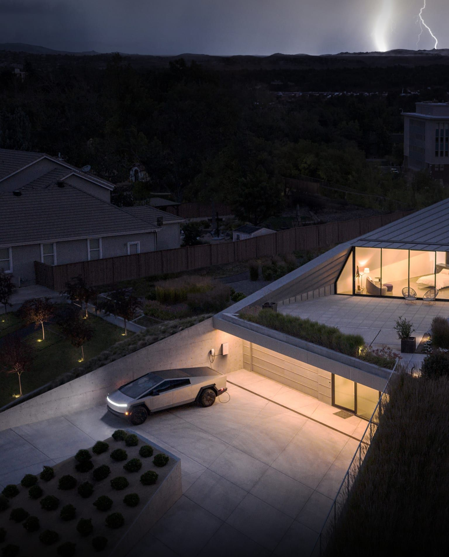 Electric car charging outside a modern home during a thunderstorm, illuminated by lights.