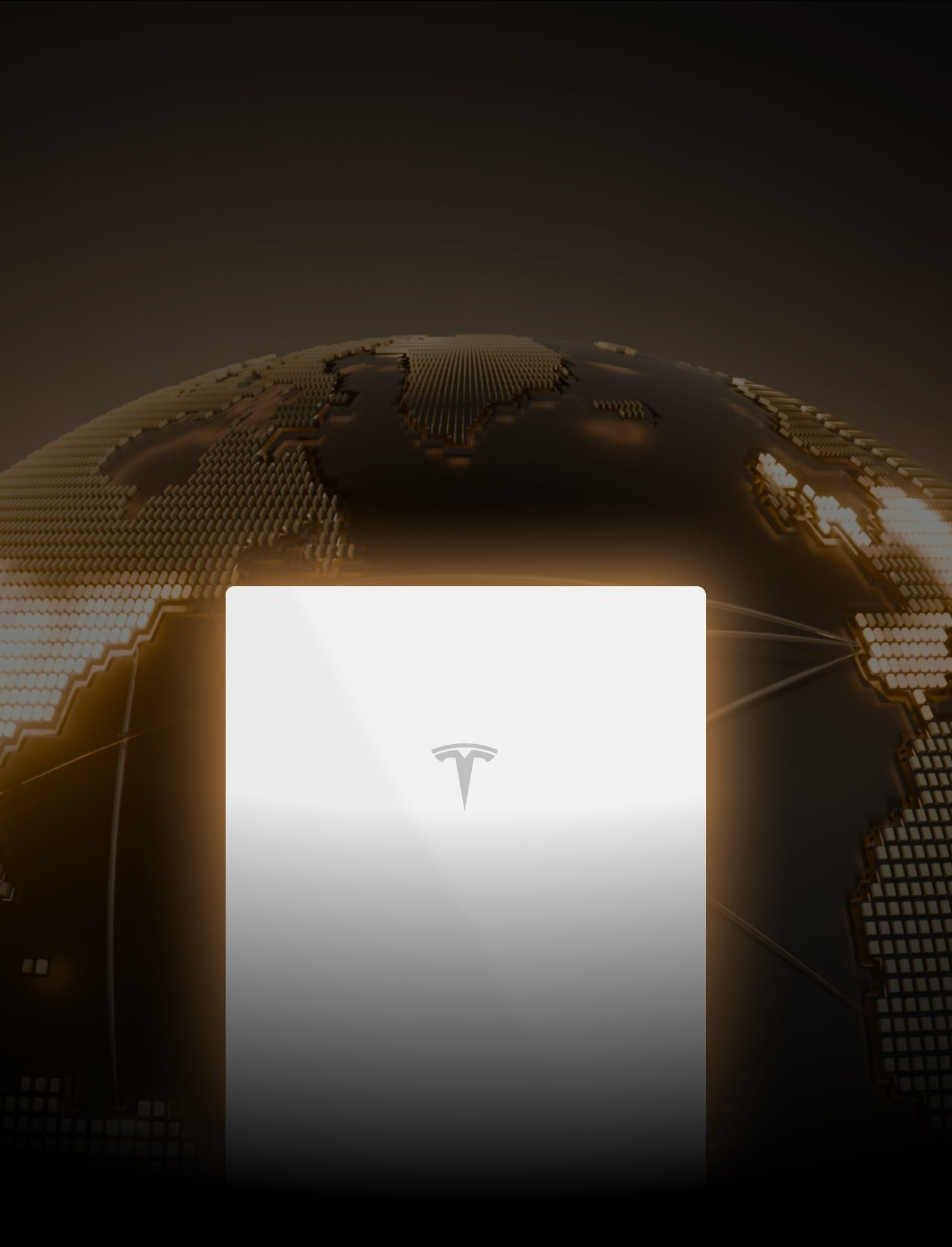 Glowing white square with Tesla logo in front of a digital globe.