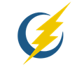 Blue crescent with yellow lightning bolt through the center.
