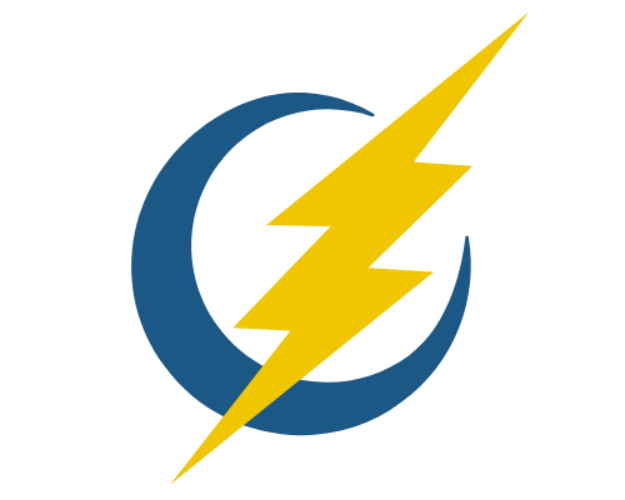 Blue crescent with yellow lightning bolt through the center.
