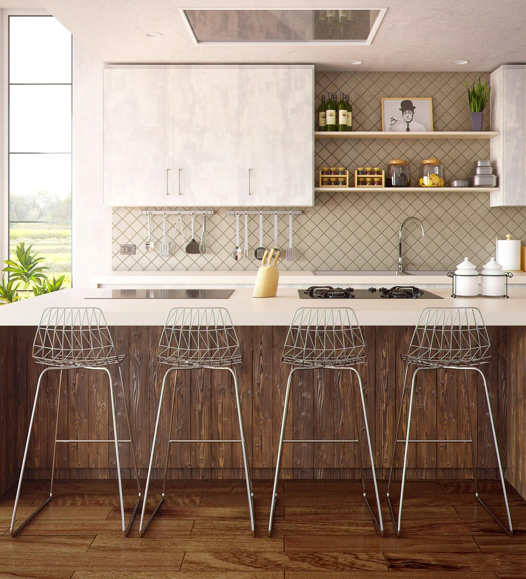 Modern kitchen with bar seating; wooden island, white countertops, clear wire chairs, white cabinetry, and a window.
