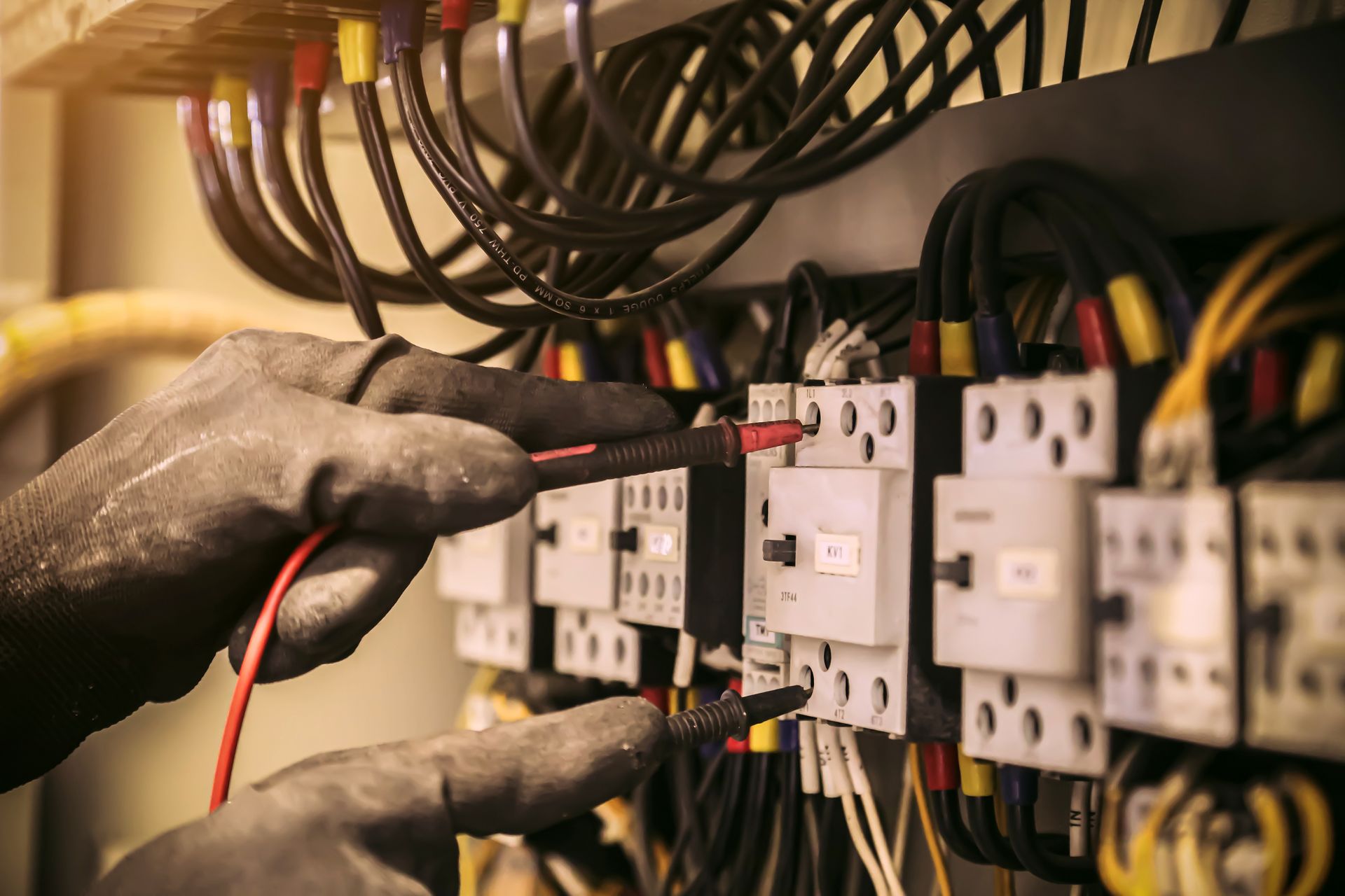 An electrician is working on an electrical panel with a multimeter.