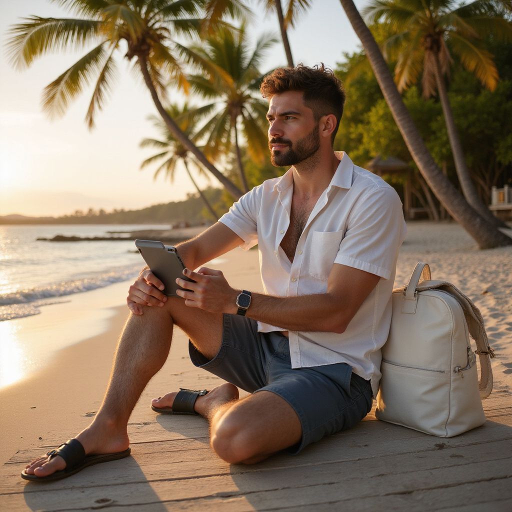 Man on beach, holding tablet, leaning against a backpack. Wearing white shirt, shorts, sandals, palm trees in the background.
