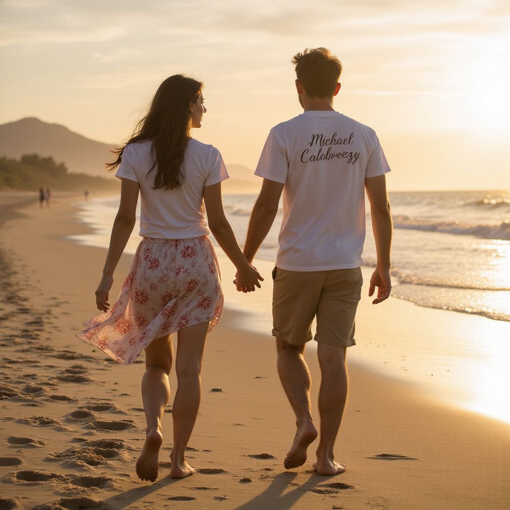 Couple holding hands, walking on beach at sunset. Woman in floral skirt, man in shorts, both wearing white t-shirts.