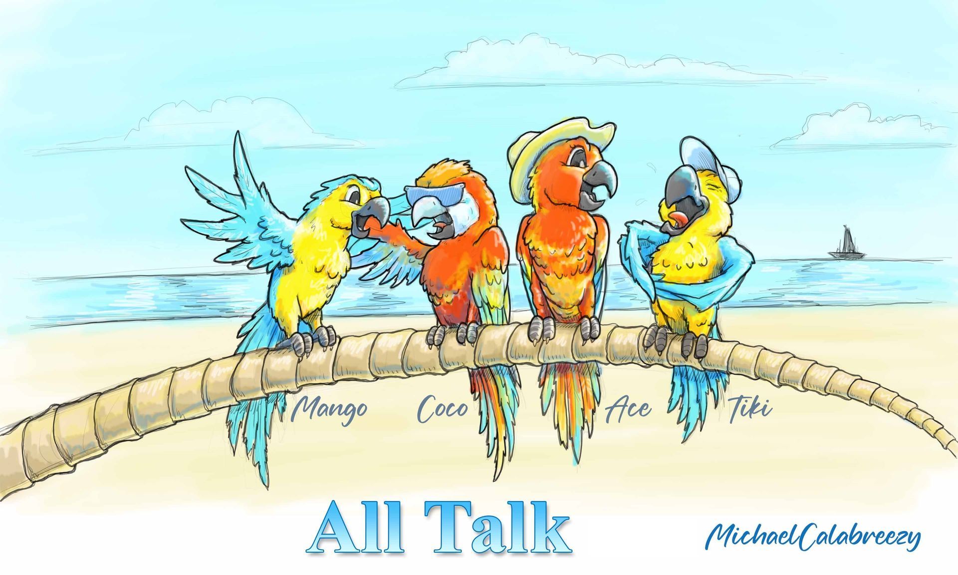 Four cartoon parrots on a palm branch at a beach, named: Mango, Coco, Ace, and Tiki.