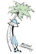 Cartoon figure leaning on a palm tree, wearing a hat and shorts; beach scene.