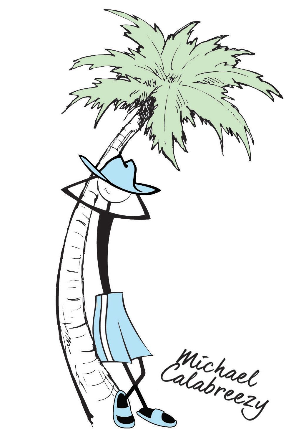 Cartoon figure leaning on a palm tree, wearing a hat and shorts; beach scene.
