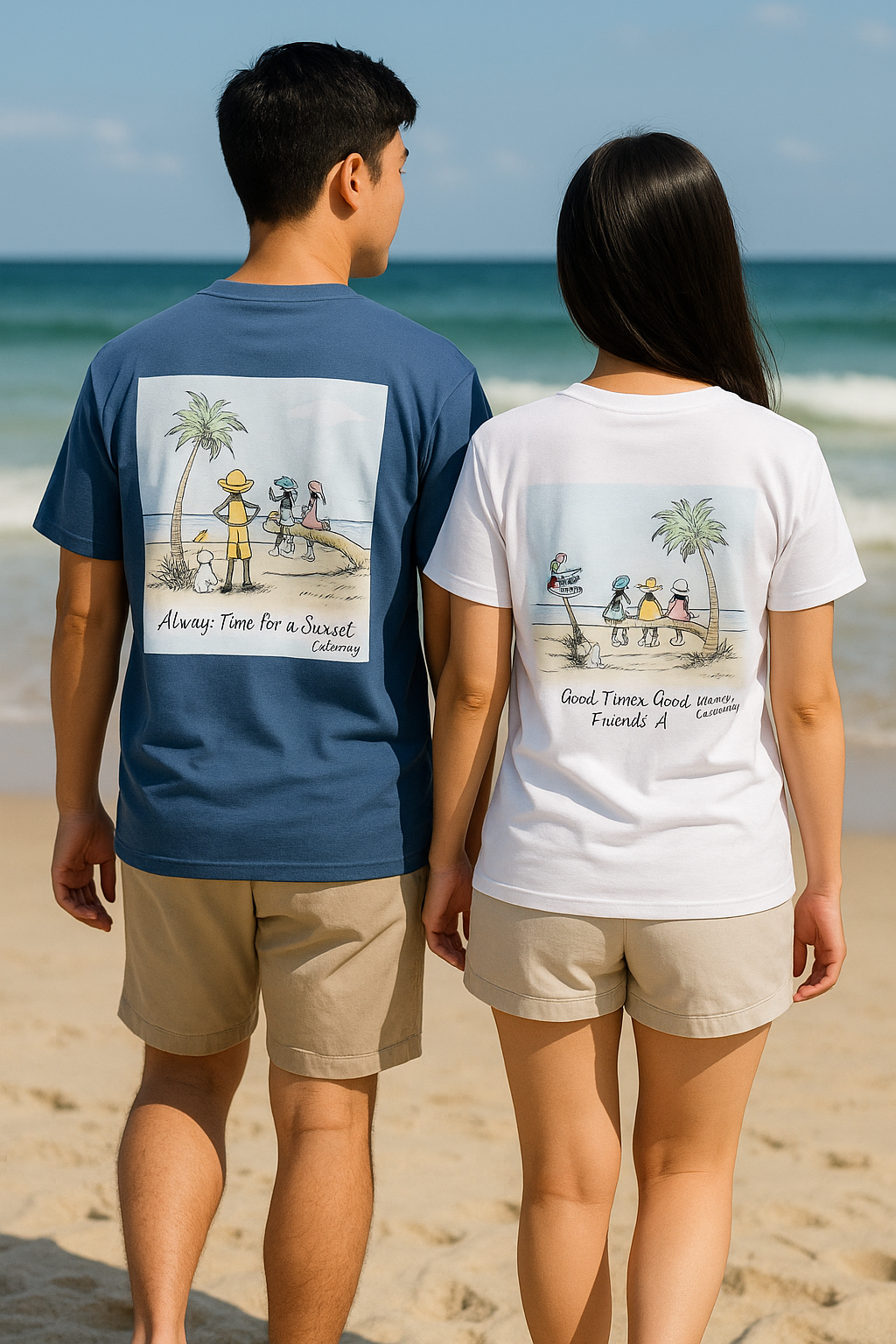 Two people on a beach wearing t-shirts with a beach scene printed on the back.