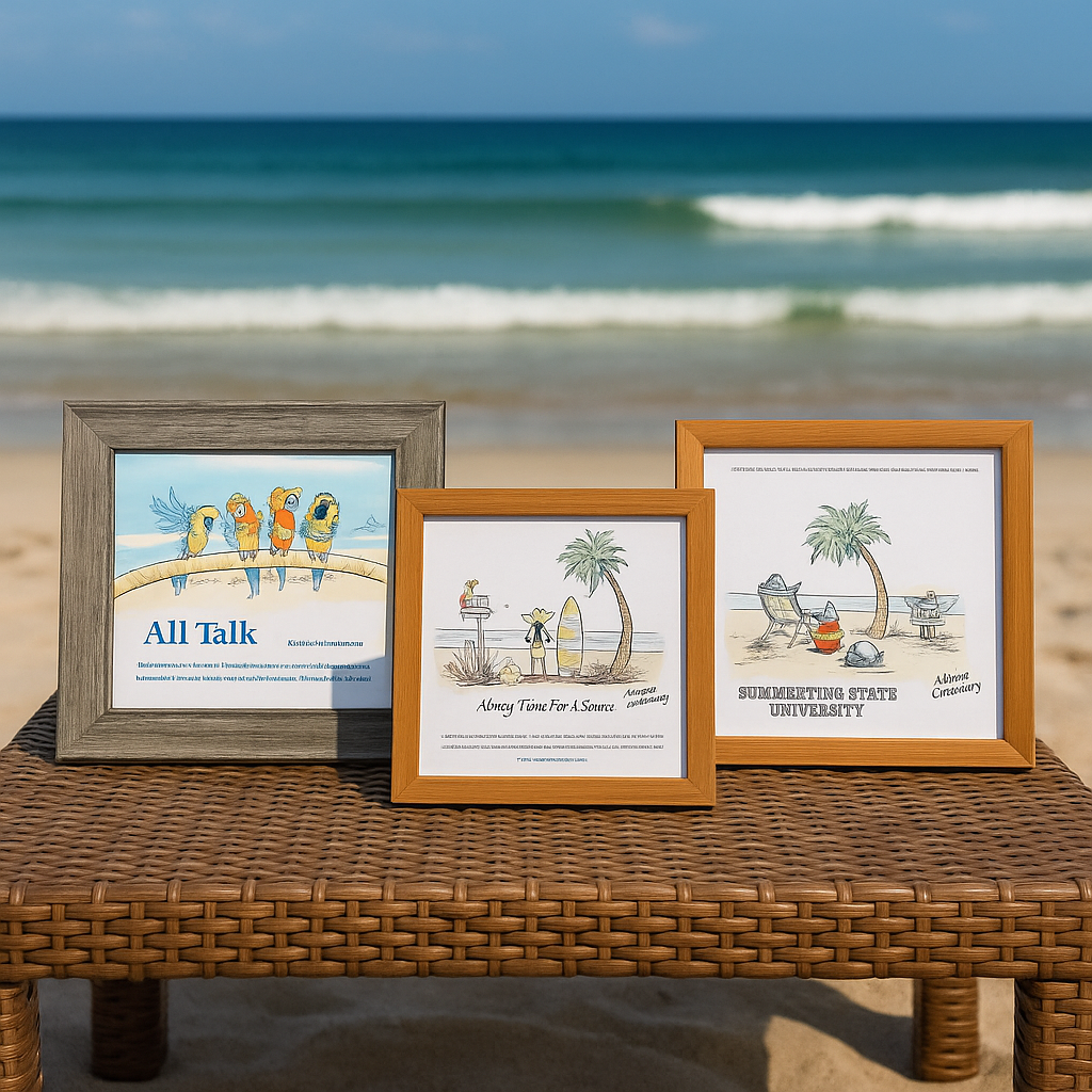 Three framed artworks on a wicker table at a beach. Each features cartoon figures near a palm tree. The ocean is in the background.