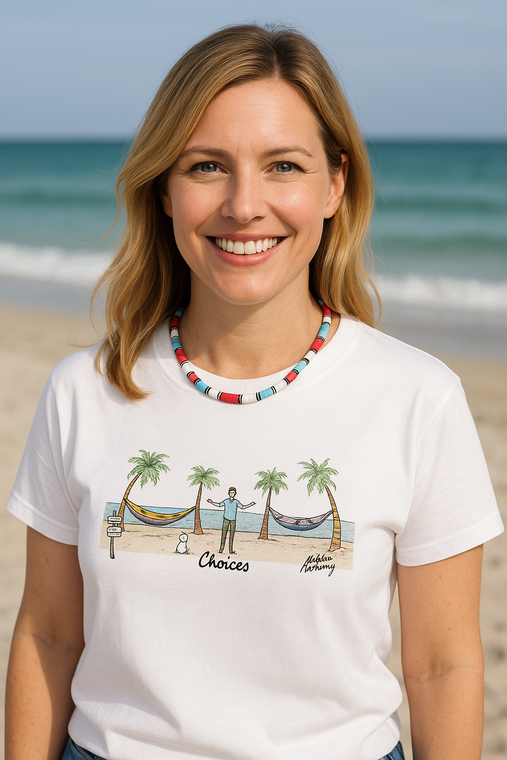 Woman on beach wearing a white t-shirt with beach scene, smiling, ocean in background.