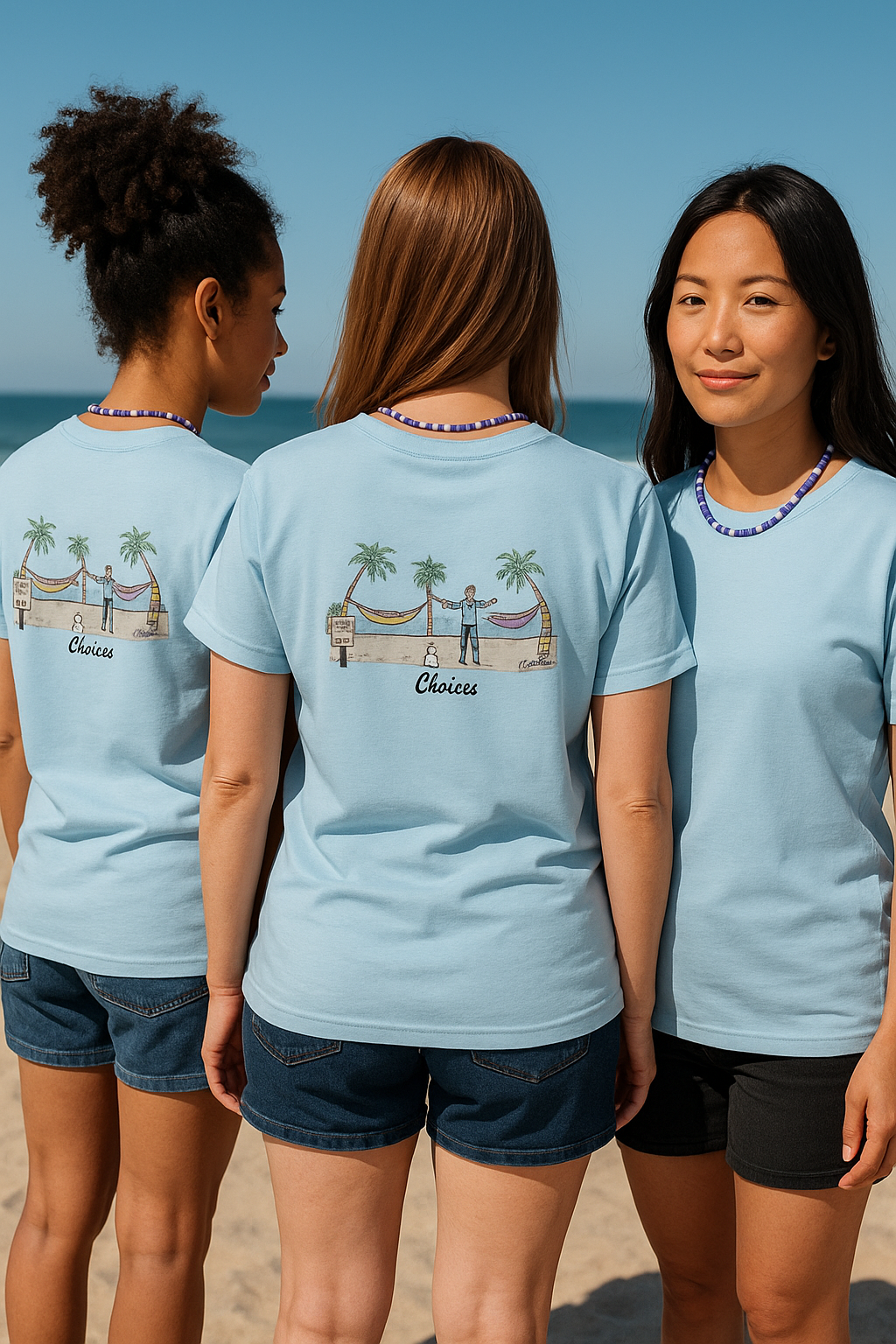 Three people wearing light blue t-shirts with a beach scene printed on the back stand on a beach.