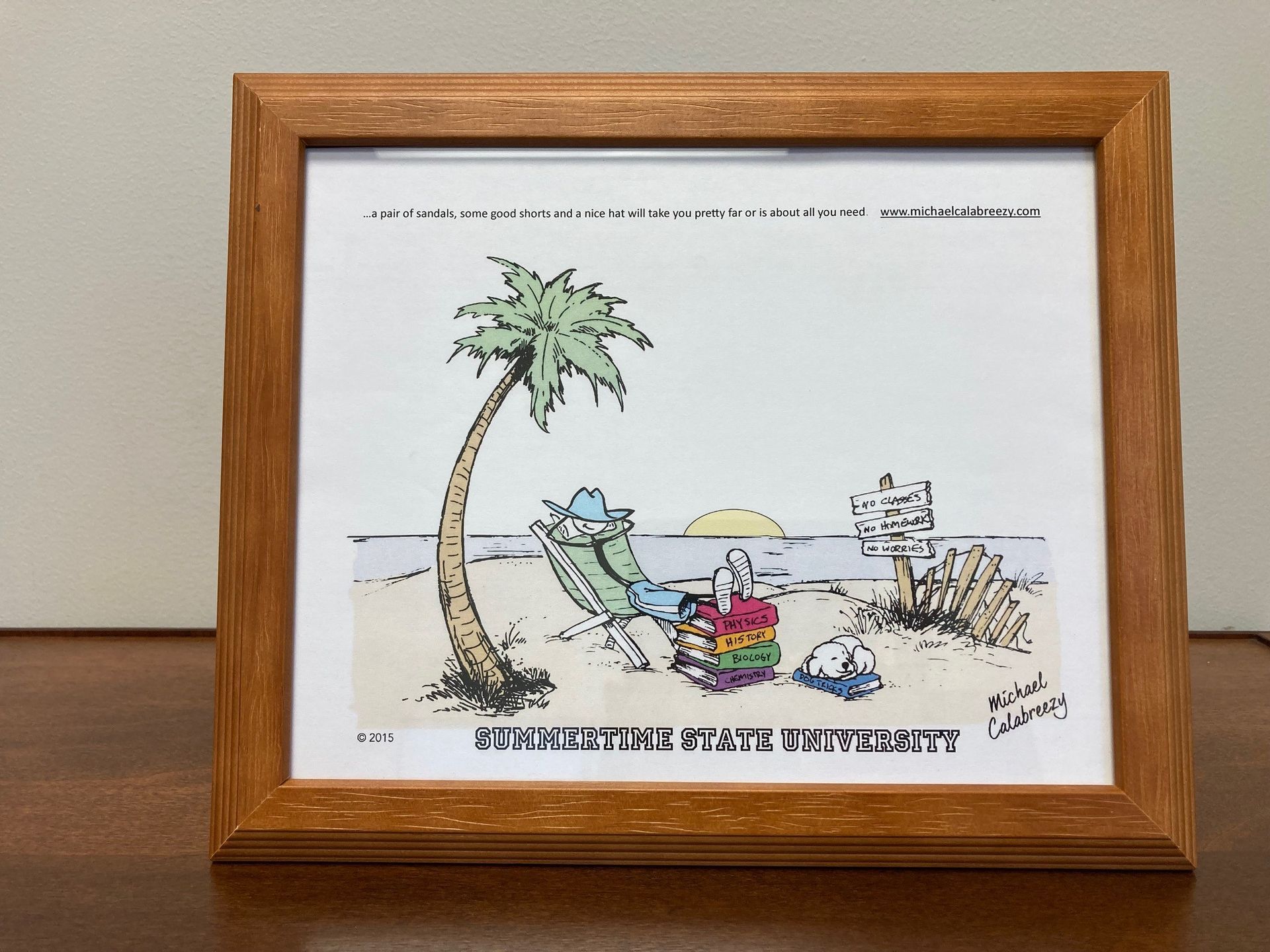 Cartoon of a relaxing beach scene; person in chair under a palm tree; framed.