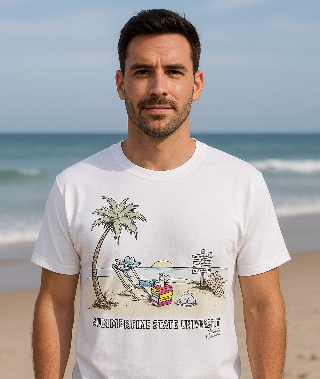 Man wearing a white t-shirt with a beach scene, standing on the beach.