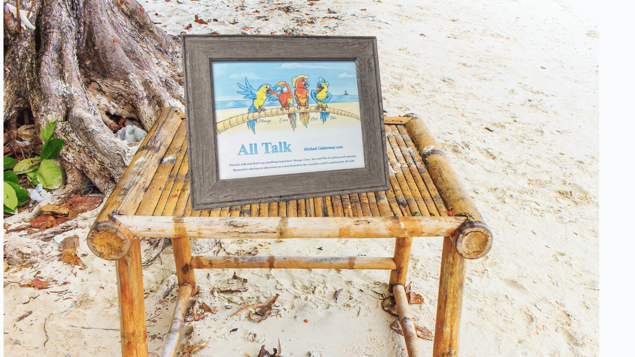 Framed watercolor art on bamboo stool at the beach; artwork depicts figures.