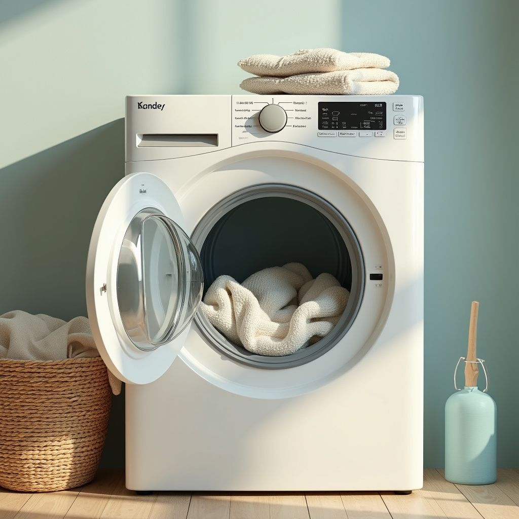 Washing machine with open door and clothes inside; laundry basket and cleaning supplies nearby.