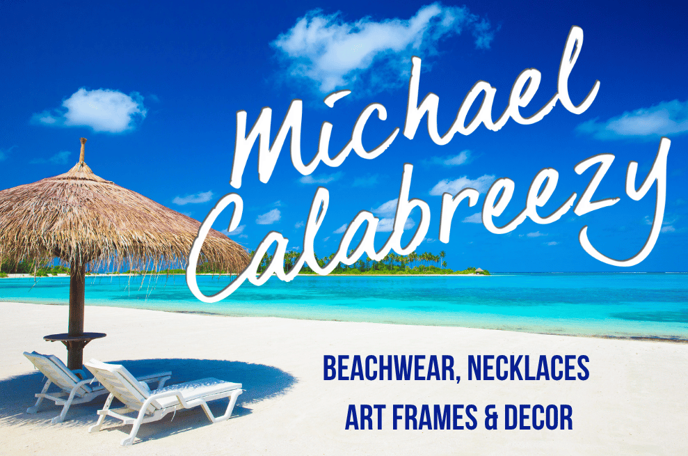 Beach scene with umbrella, chairs, and text: 