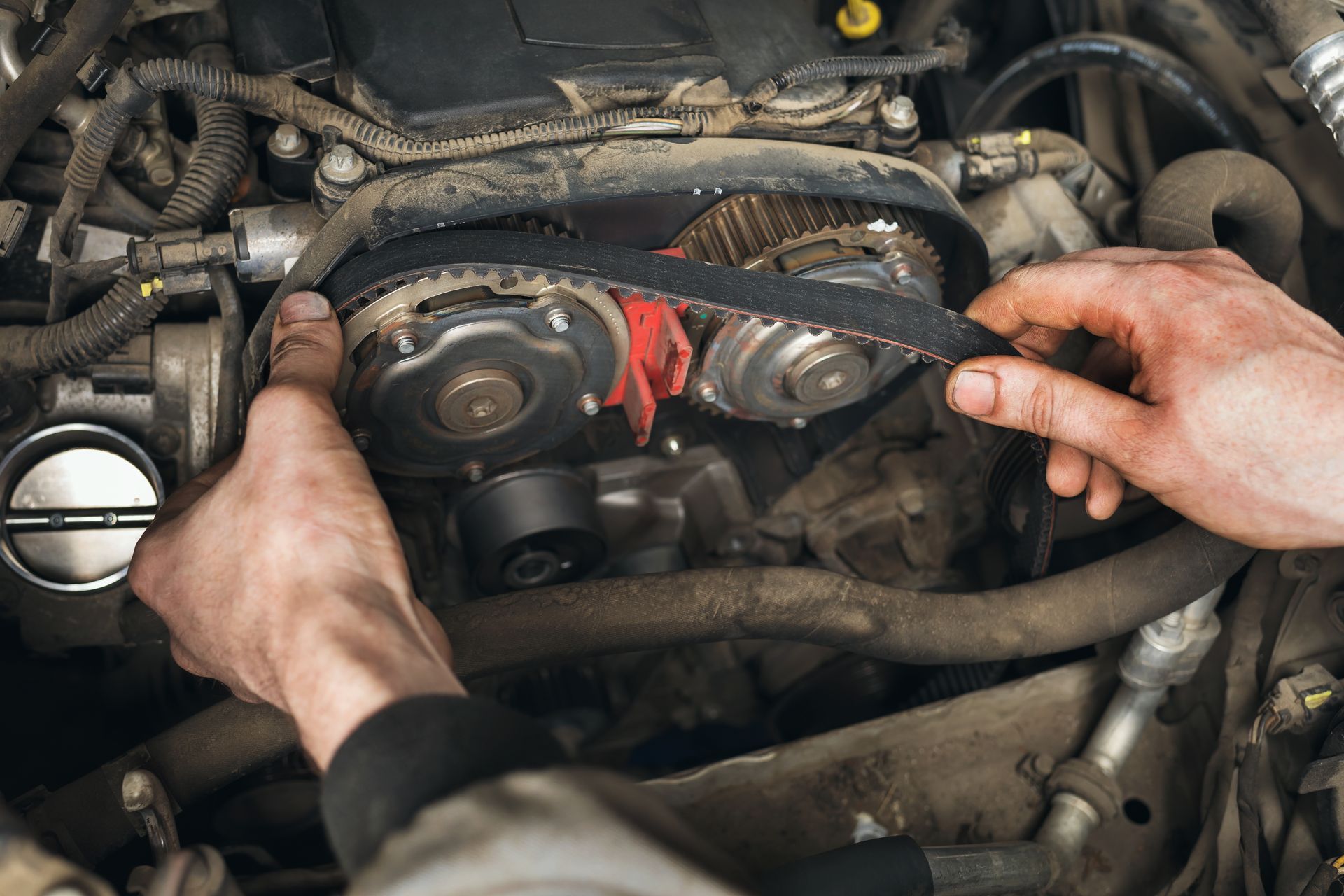 A mechanic installing a black timing belt onto the cogged pulleys of a car engine.