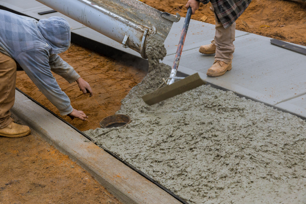 A man is spreading concrete on a sidewalk with a broom.