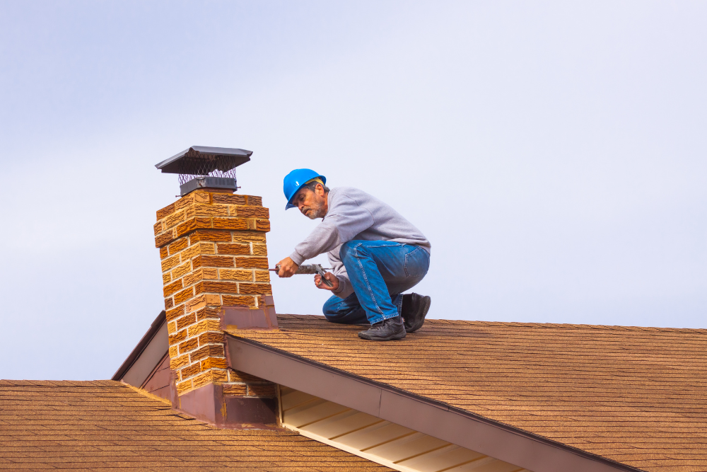 A man is kneeling on top of a roof fixing a chimney.