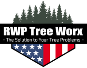 Logo for RWP Tree Worx with a forest silhouette, black text, and an American flag shield design.