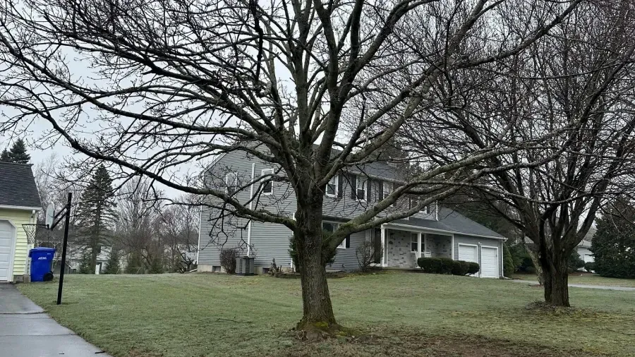 A two-story grey house with a white trim and a two-car garage, viewed across a lawn with bare trees under a cloudy sky.