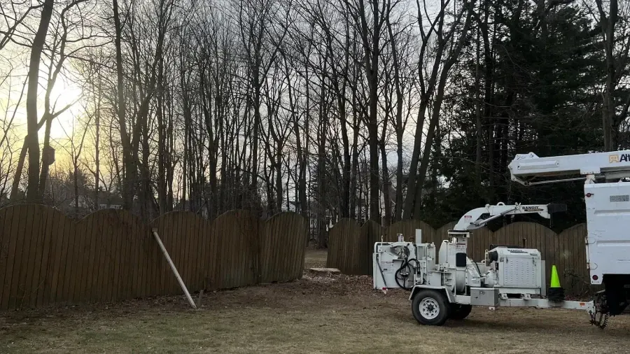 A white wood chipper sits on a grassy lawn in front of a wooden fence and a forest of leafless trees at sunset.