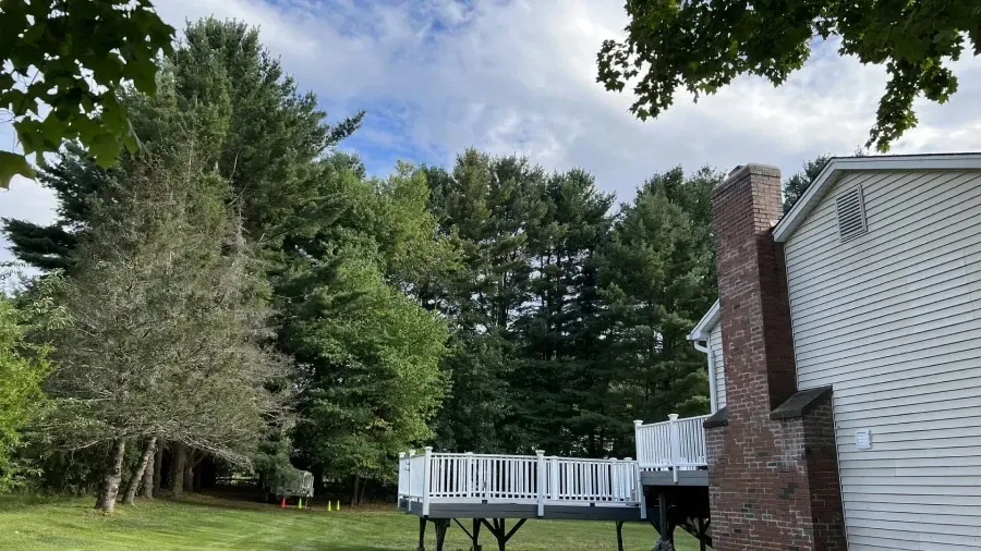 A white house with a brick chimney and a wooden deck sits beside a lawn bordering a dense forest under a cloudy sky.