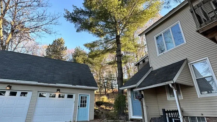 A low-angle view of a beige two-story house and attached garage with white doors, light blue doors, and a pine tree.