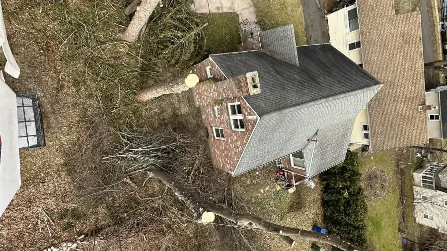 An aerial view of a multi-story brick house with a gray shingled roof, surrounded by trees and a paved driveway.