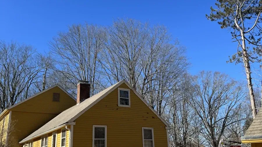A yellow house with a brick chimney stands under a clear blue sky amidst bare, leafless trees on a bright day.