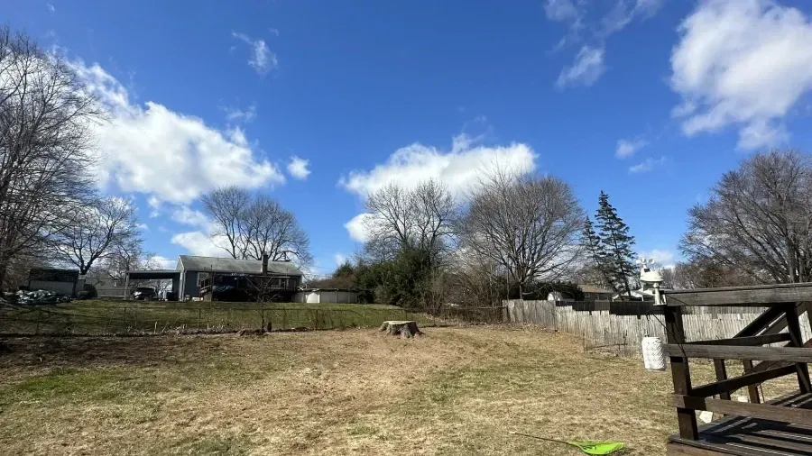 A backyard on a sunny day with a wooden deck in the foreground, a grassy lawn, trees, and a house in the distance.