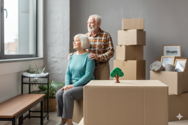 Elderly couple in new home, surrounded by moving boxes, looking out a window.