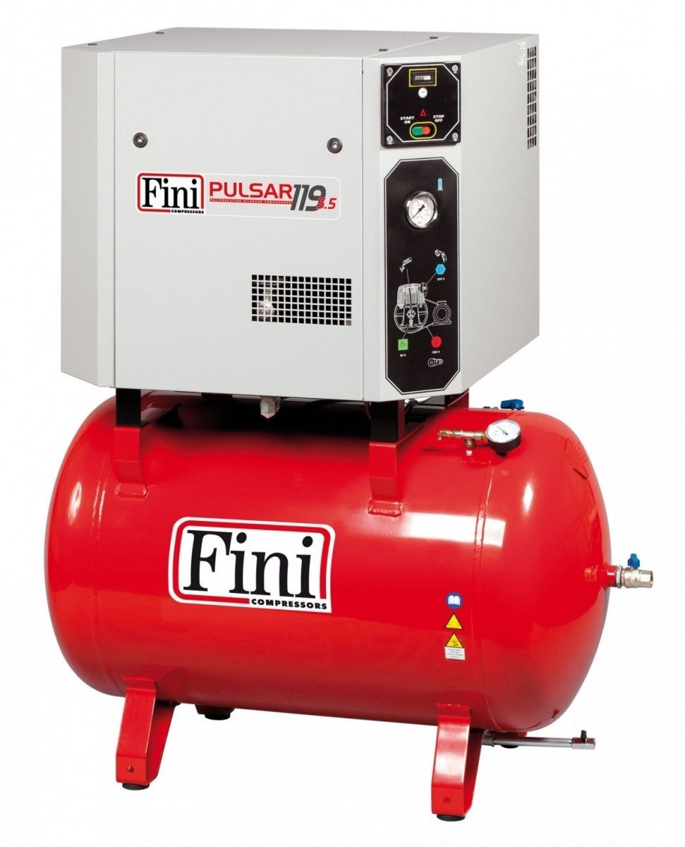 Un compressore d'aria Fini è posizionato sopra un serbatoio rosso