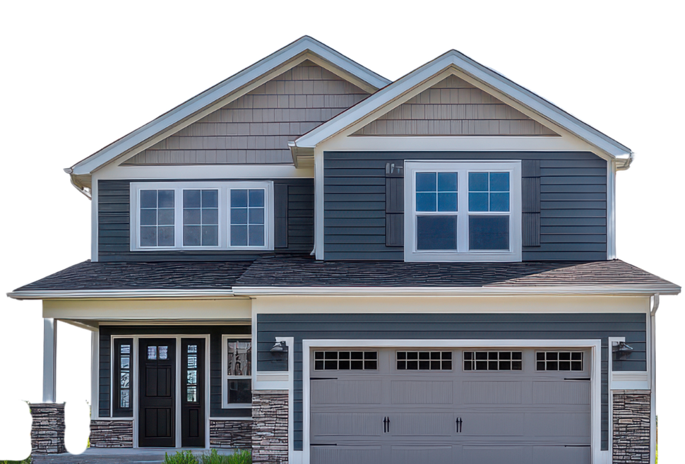 A two-story suburban house with dark gray horizontal siding, stone accents, a front porch, and a two-car garage.